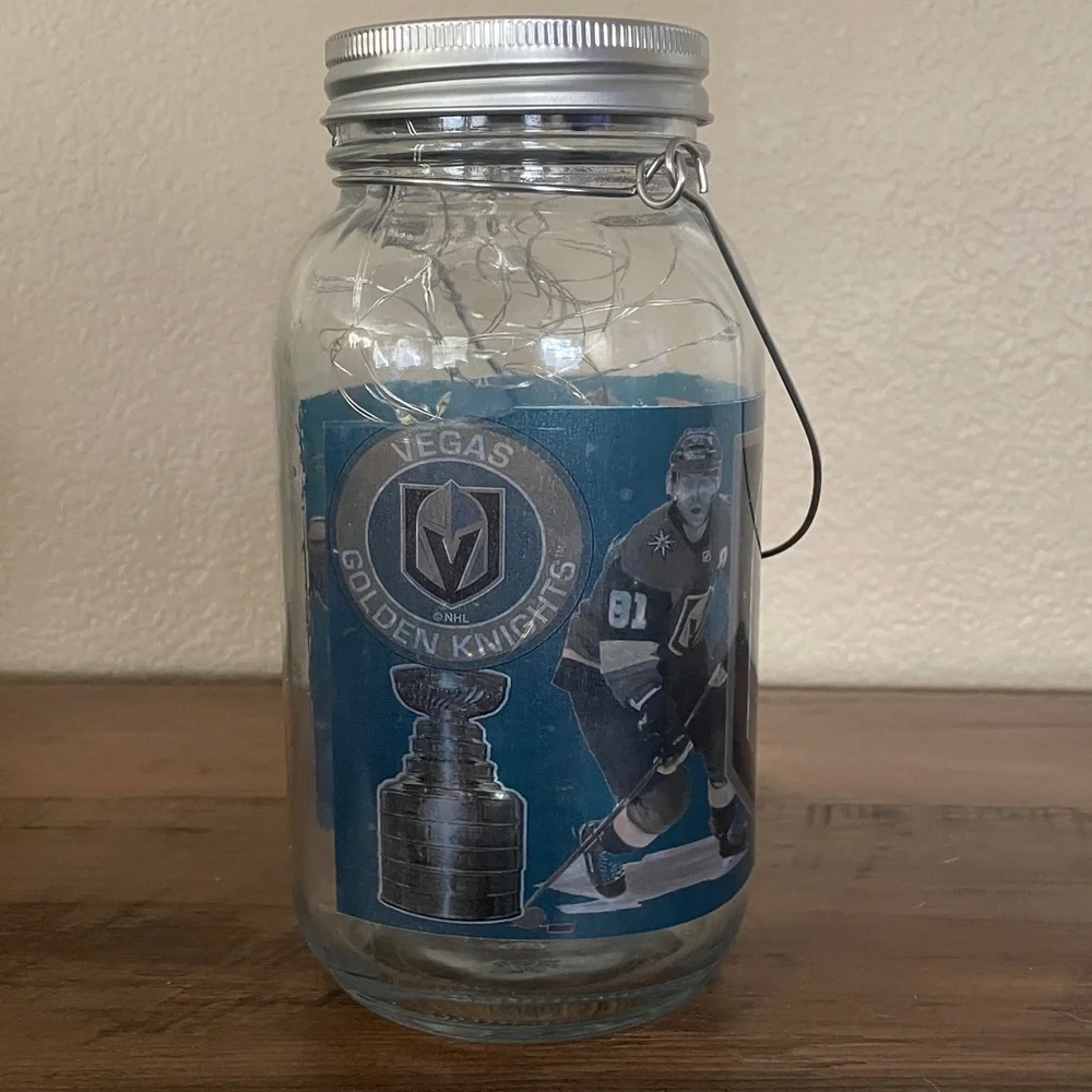Golden Knights Hockey Theme Light-Up Mason Jar with Handle